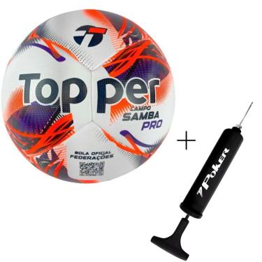 Imagem de Bola de Futebol Samba Velocity Pro 2026 Campo com Tecnologia Thermofusion Laranja e Preto Topper com Bomba de Ar Poker
