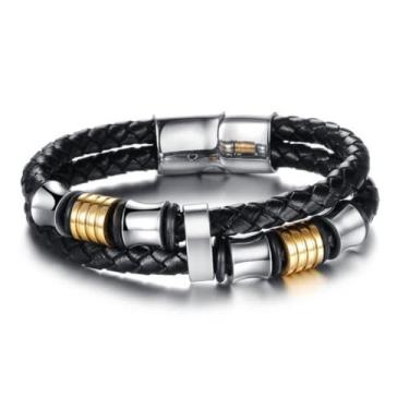 Imagem de Pulseira de Couro Trançado Masculina Detalhes em Aço Top Tamanho:18cm