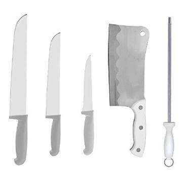 Imagem de Kit Faca Açougue Churrasco Cozinha 6" 8" 12" + Cutelo 6" + Chaira 12 Cabo Branco