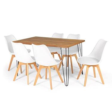 Imagem de Conjunto Mesa de Jantar Hairpin 130x80 Natural com 6 Cadeiras Eiffel Leda - Branco