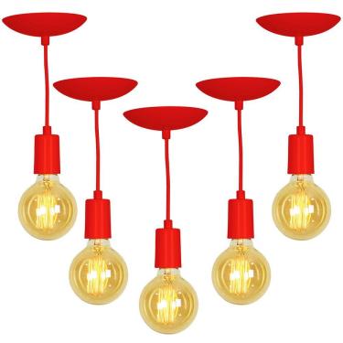 Imagem de Kit 5 Pendente Tubo Cilindro Alumínio Vermelho Fio 1.20m