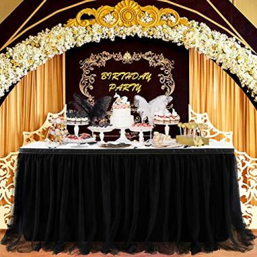 Imagem de Saia de mesa preta de 2,7 m para mesas retangulares ou redondas Toalha de mesa tutu preta para festa de feliz aniversário, casamento, chá de bebê, decorações de festa de formatura
