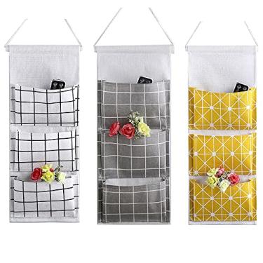 Imagem de Bolsa de armazenamento para pendurar no armário de parede, organizador KINGREE de tecido de linho premium sobre a porta, bolsas de armazenamento penduradas com 3 bolsos para banheiro do quarto - à prova d'água e elegante (grade)