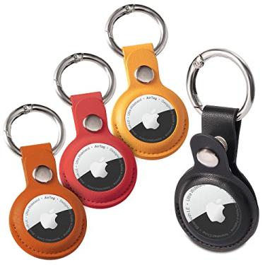 Imagem de Pacote com 4 suportes AirTag para Apple Air Tags, capa de couro com chaveiro AirTag/rastreador de chaveiro, para cães, mochilas, carteira, bagagem, gato, para acessórios Apple Air Tag, marrom/preto/vermelho/amarelo