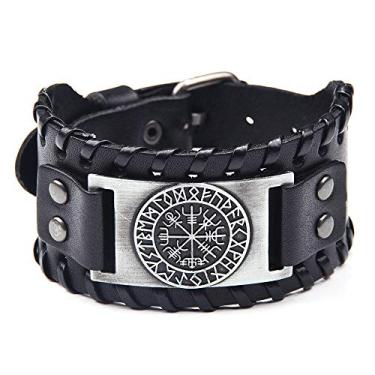 Imagem de GelConnie Pulseira Viking de Couro Punk Pulseira de Couro Gótico com Amuleto Nórdico Talismã Escandinavo Joias Pagãs Celtas, 11*1.6 inches, Couro