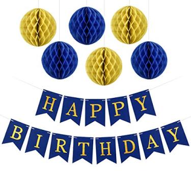 Imagem de Banner de Feliz Aniversário de Ouro Azul Marinho com Glitter e 6 Peças de Bolas de Pom de Papel de Tecido para Decorações de Aniversário de Festa - Decorações de Aniversário de Qualidade Premium
