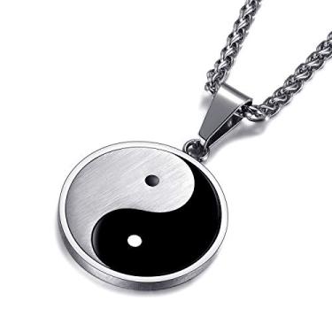 Imagem de MOO&LEE Colar masculino com pingente de amuleto, corrente pequena Yin Yang Taichi com corrente de elos de aço inoxidável de 61 cm