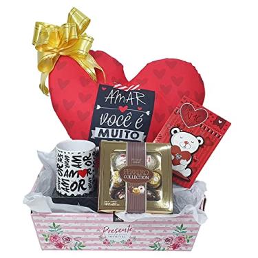 Imagem de Kit de presentes para namorada Almofada caneca Para dia dos Namorados Cesta com Caixa de Chocolate Ferrero Rocher Collection