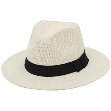 Imagem de GEMVIE Chapéu Panamá de palha de verão chapéu de sol Fedora de aba larga chapéu de palha para homens e mulheres, Bege, 7-7 1/4