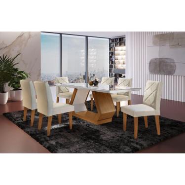 Imagem de Conjunto Sala de Jantar Mesa Islândia 180x80cm Tampo Vidro/MDF Canto Reto com 6 Cadeiras Irlanda Rufato Off White/Imbuia