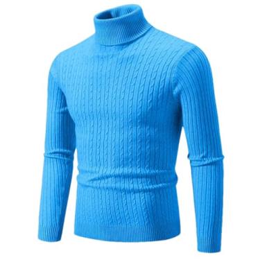 Imagem de KANG POWER Suéter quente de gola rolê outono inverno suéter masculino pulôver fino suéter masculino malha camisa inferior, Azul-celeste, Medium