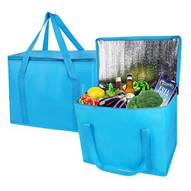 Imagem de Pacote com 2 sacolas de compras de supermercado com isolamento extragrande, bolsa reutilizável, Pizza, zíper Strudy, dobrável, bolsa térmica, para homens e mulheres, por exemplo, bambu, durável, lata (azul, 2)