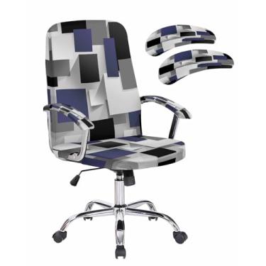 Imagem de Savannan Capa para cadeira de escritório, arte 3D abstrata, azul marinho, preto e cinza, capa elástica para cadeira de computador, capa removível para cadeira de escritório, 1 peça, pequena com capa