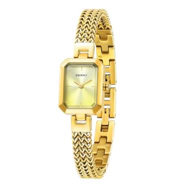 Imagem de BERNY Relógio feminino dourado com pulseira de quartzo delicado, retangular, pequeno, moderno, 3 ATM, à prova d'água, todo em aço inoxidável, pulseira removível, Dourado, Moda, bonita, elegante