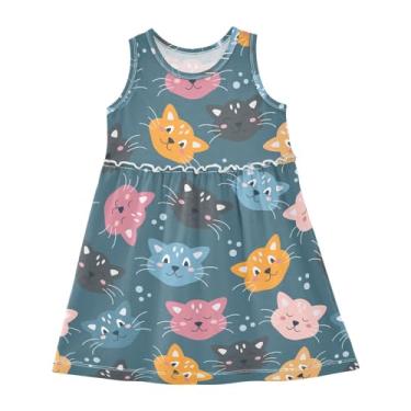 Imagem de KLL Rostos coloridos de gatos em um fundo azul vestidos de verão para meninas vestidos de primavera vestidos de festa presente roupa roupa roupa, Rostos coloridos de gatos em um fundo azul, 3 Anos