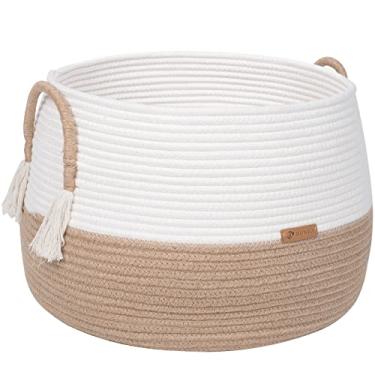 Imagem de R RUNKA Cesta grande para brinquedos - 40 cm x 30 cm - Cestas Boho para sala de estar, quarto, berçário | Cestas de tecido grandes, cesta de cubo, cesta sob prateleira | Cestas decorativas