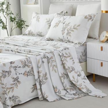 Imagem de Helthep Jogo de lençol casal floral, 100% algodão, estampa floral, lençol com 44,5 cm de profundidade, 4 peças, lençol de flor botânica de primavera branca para cama de casal