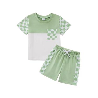 Imagem de Usaibhir Roupas para bebês meninos, roupas de verão, patchwork, xadrez, camiseta e shorts para meninos 1t 2t 3t 4t 5t, Verde e branco, 3-4 T