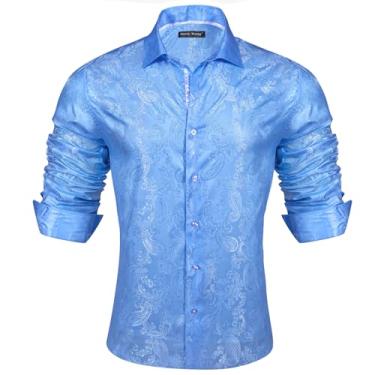 Imagem de Barry.Wang Camisa masculina fashion de seda Paisley flor manga comprida para festa de negócios casual botão masculino, B - azul celeste, 3G