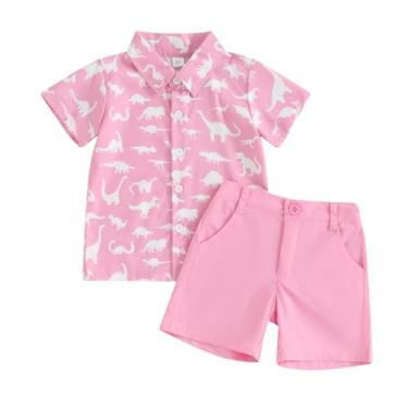 Imagem de Ledy Champswiin Conjunto de roupas infantis de verão para meninos de 1 a 6 anos, camisa floral de manga curta e shorts casuais, E - Dinossauro rosa, 2-3 Anos