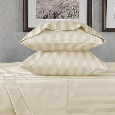 Imagem de URBANHUT Jogo de lençol casal listrado damasco algodão egípcio 800 fios (4 peças) - Ultra macio e macio, lençóis de cama casal de trama de cetim, lençóis de hotel de luxo com bolso profundo de 41 cm -
