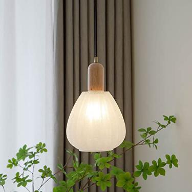 Imagem de Lustre de sombra de vidro branco E27 1 luz pendente de madeira luminária japonesa para sala de jantar em casa lâmpada suspensa de teto ajustável moderno quarto corredor luminária suspensa, iluminação