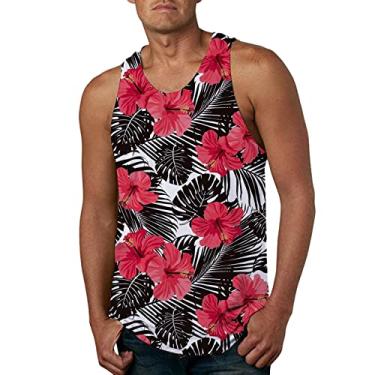 Imagem de Regata masculina havaiana floral sem mangas verão praia férias camisetas casuais soltas gola redonda regatas academia treino, Vermelho, P