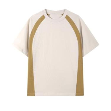 Imagem de FastRockee Camiseta masculina de manga curta colorblock gola redonda ombro caído, Bege e cáqui, G