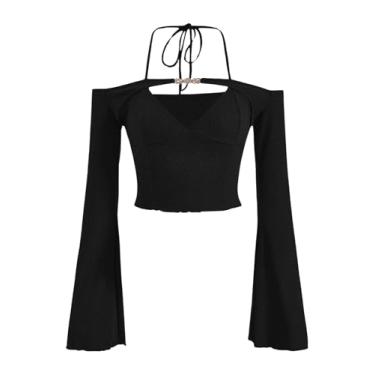 Imagem de BEAUDRM Camiseta feminina com acabamento de alface com ombros de fora e manga comprida recortada, Preto, PP