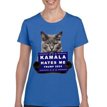 Imagem de Camiseta Kamala Hates Me Trump 2024 divertida gato republicano animal de estimação anti Harris voto vermelho MAGA Kitten 47 Fight camiseta feminina, Azul, G