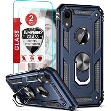 Imagem de LeYi Capa compatível com iPhone XR com suporte, capa para iPhone XR com [2 peças] protetor de tela de vidro temperado para homens, [nível militar] capa resistente com suporte de anel para Apple iPhone 10XR, azul