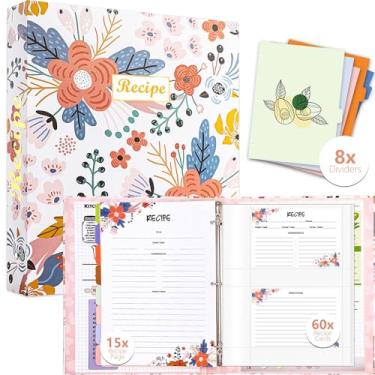Imagem de Fichário de receitas com 3 anéis de 21,6 cm x 28 cm, kit de fichário de receitas com 60 cartões de receitas impressos 10 x 15 cm, 8 divisórias de categoria para escrever em suas receitas, presentes