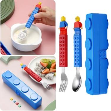 Imagem de Kit Colher Garfo Estojo Feitos de Blocos de Montar com 2 Bonecos Minifigures Talheres Divertidos Criativos para Lancheira Escola