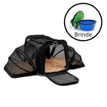 Imagem de Bolsa Pet Transporte Avião Viagem Expansível Preto + 2 Comedouros Retr