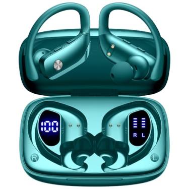 Imagem de bmani Fones de ouvido sem fio Bluetooth com display LED 80H Playtime, gancho com microfone, som estéreo, controles de botão fáceis, fones de ouvido esportivos para corrida, treino, academia, verde