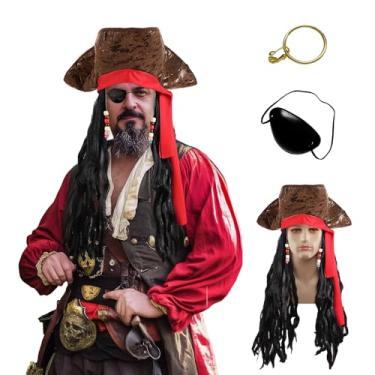 Imagem de Heyigrow Chapéu de pirata masculino, brinco renascentista, cachecol de cabeça, conjunto de acessórios medievais, capitão caribenho, cosplay para Ren Faire