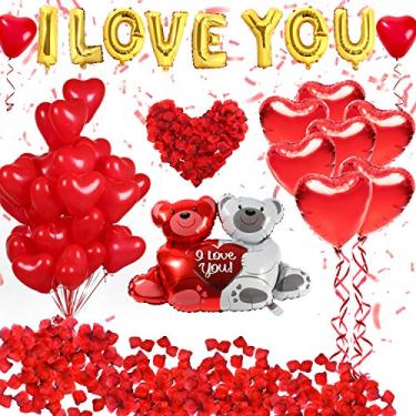 Imagem de Golray Kit com 40 balões I Love You e balões de coração com 1000 peças de pétalas de rosa de seda vermelha escura, decoração de flores de casamento, amor urso vermelho, balões de coração para decorações de festa de Dia dos Namorados