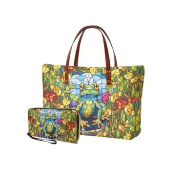 Imagem de Salabomia Bolsa feminina com carteira combinando, bolsa de ombro grande com alça superior e carteira clutch de poliuretano.., Sapo engraçado verde e azul, One Size