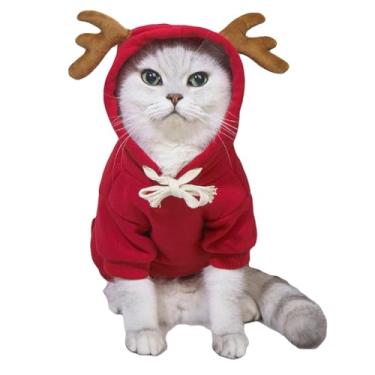 Imagem de BAMY Moletom com capuz e chifres de alce de gato de Natal, roupas para animais de estimação, fantasia de cachorro de Natal, colete quente, elástico, para uso diário de Natal, Ano Novo (M