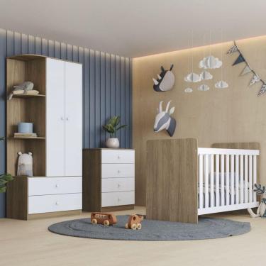 Imagem de Quarto Bebê Guarda Roupa 4 Pts Cômoda Berço Sophia Casa 812 Rústico Com Branco