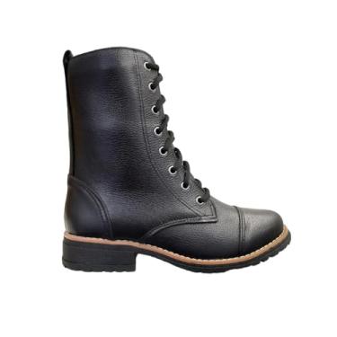 Imagem de QR Shoes, Bota Coturno Feminina Preta em Couro Cano Médio Salto Baixo Cor:Preto;Tamanho:36