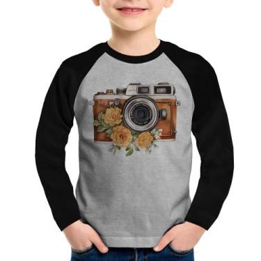 Imagem de Camiseta Raglan Infantil Máquina Fotográfica Vintage e Flores Manga Lo