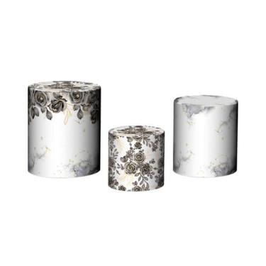 Imagem de Trio De Capa Cilindro - Efeito Marmorizado Preto com Flores e Dourado 
