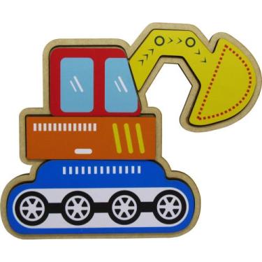 Imagem de Brinquedo Pedagógico Educativo Quebra Cabeça Encaixe Escavadeira Madei