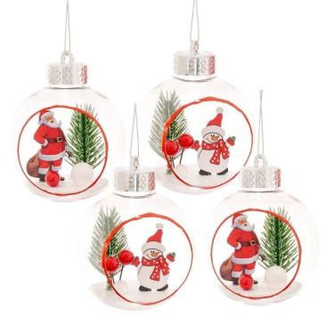 Imagem de Jogo 4 Bolas de Natal Decoradas Papai Noel e Boneco de Neve 3D Transparente - Bela Flor