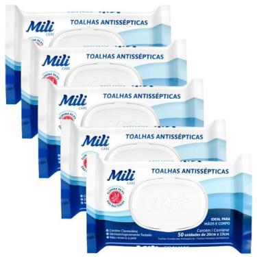 Imagem de Lenço Umedecido ou Toalhas Antissépticas Mili  5 pacotes c/ 50 (total: