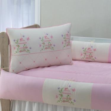 Imagem de Kit enxoval para berço 409 gaiola rosa menina com saia de berço barato