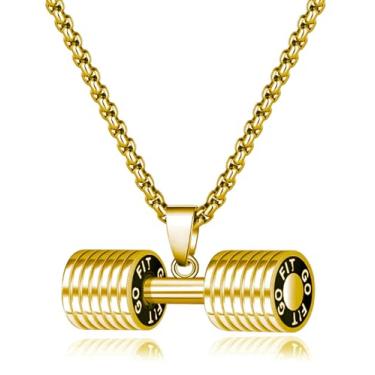 Imagem de JAJAFOOK Jewelry Colar com pingente de haltere de aço inoxidável para academia e academia, Aço inoxidável, Sem Pedra Preciosa