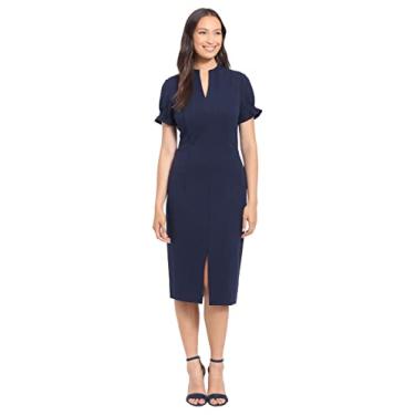 Imagem de London Times Vestido feminino curto com gola aberta, manga bufante e costura elegante, Azul marinho, 38