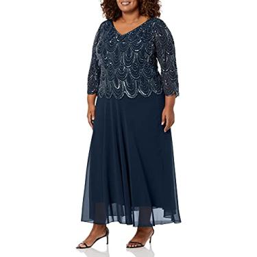 Imagem de J Kara Vestido feminino plus size com manga 3/4 com contas recortadas, Azul marinho/mercúrio, 52